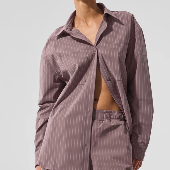 Alo Yoga Pinstripe Daylight Button Down Long Sleeve Mushroom M - Picture 1 of 7
